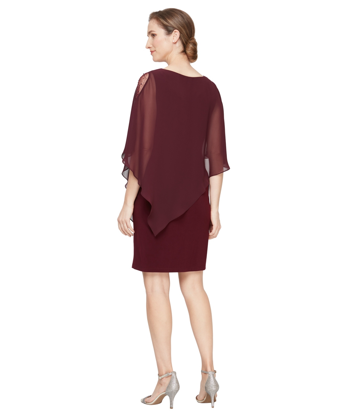 Sl Fashions Petite Asymmetric Capelet Sheath Dress In Purple
