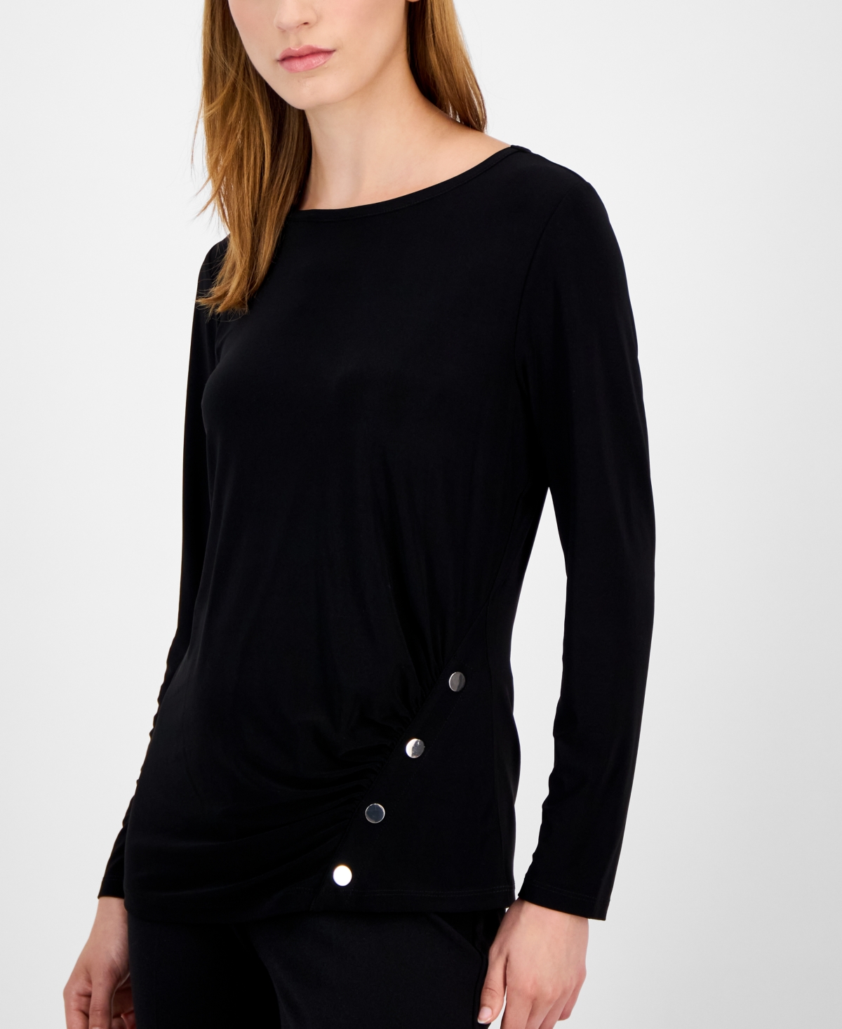 Ak Anne Klein Petite Ruched Long-Sleeve Top