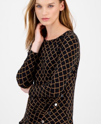 Petite Printed Gathered Long-Sleeve Top