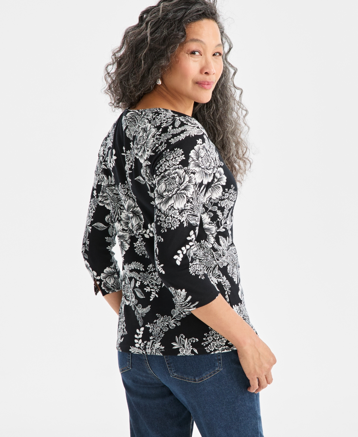Style & Co Petite Holiday Floral 3/4-sleeves Top, Macy's Exclusive In Black