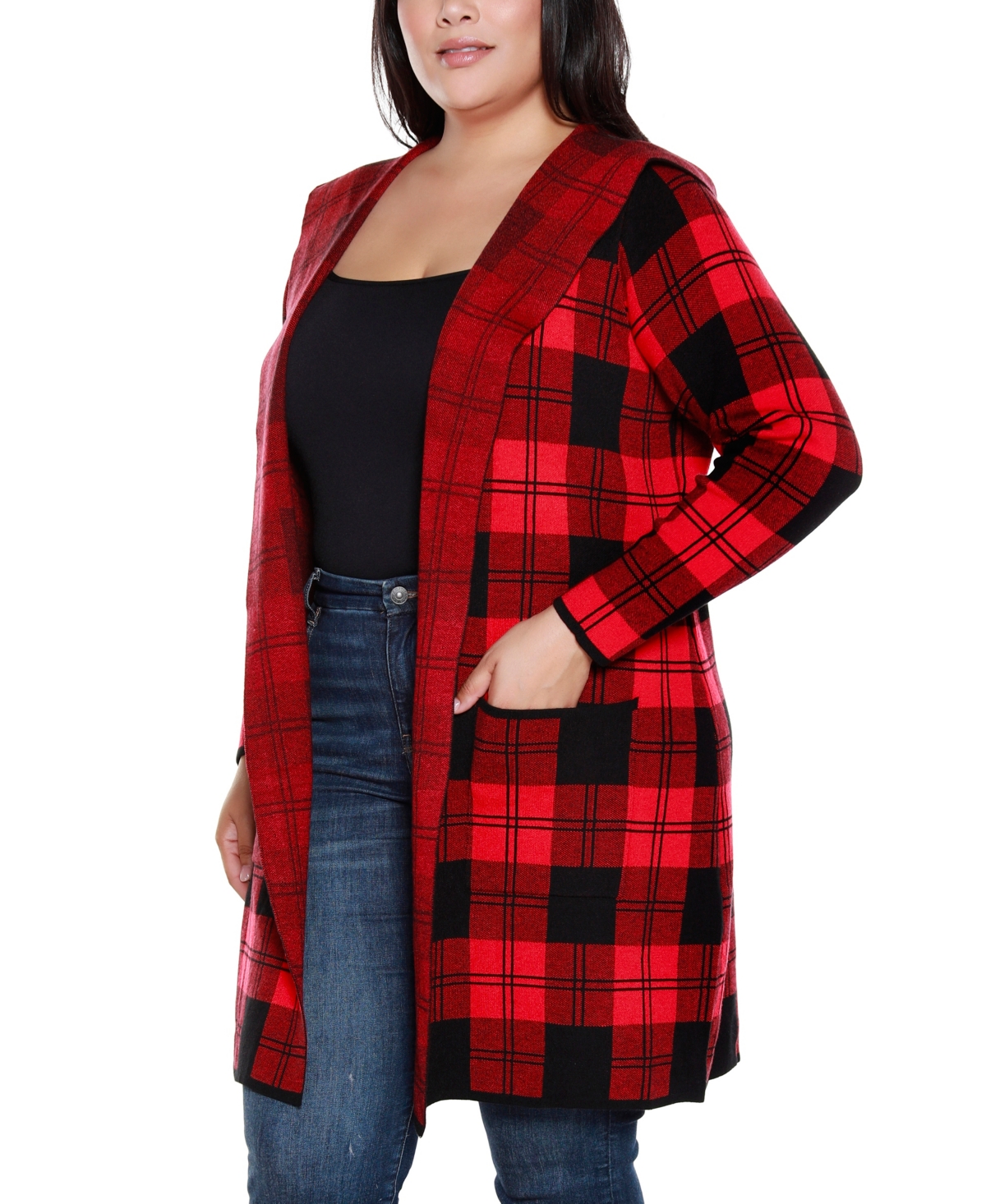 Belldini Plus Size Hooded Checkered Plaid Cardigan Sweater In Multi
