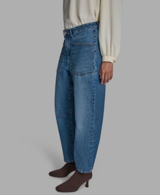 Women's Knee Seam Patch Pocket Barrell-Leg Jeans