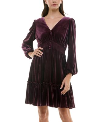 Taylor - Petite V-Neck Long-Sleeve Smocked-Waist Velvet Dress