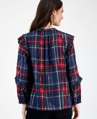 Women's Plaid Shine Ruffle Sleeve Blouse, Macy's Exclusive