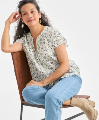 Style & Co - Women's Flutter-Sleeve Ditsy-Print Top