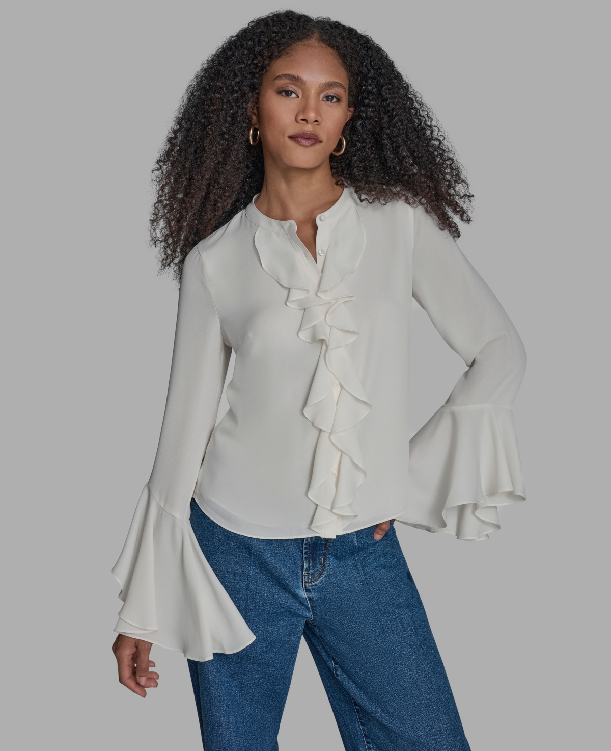 Bcbg Women's Collar Neck Ruffle Top In White