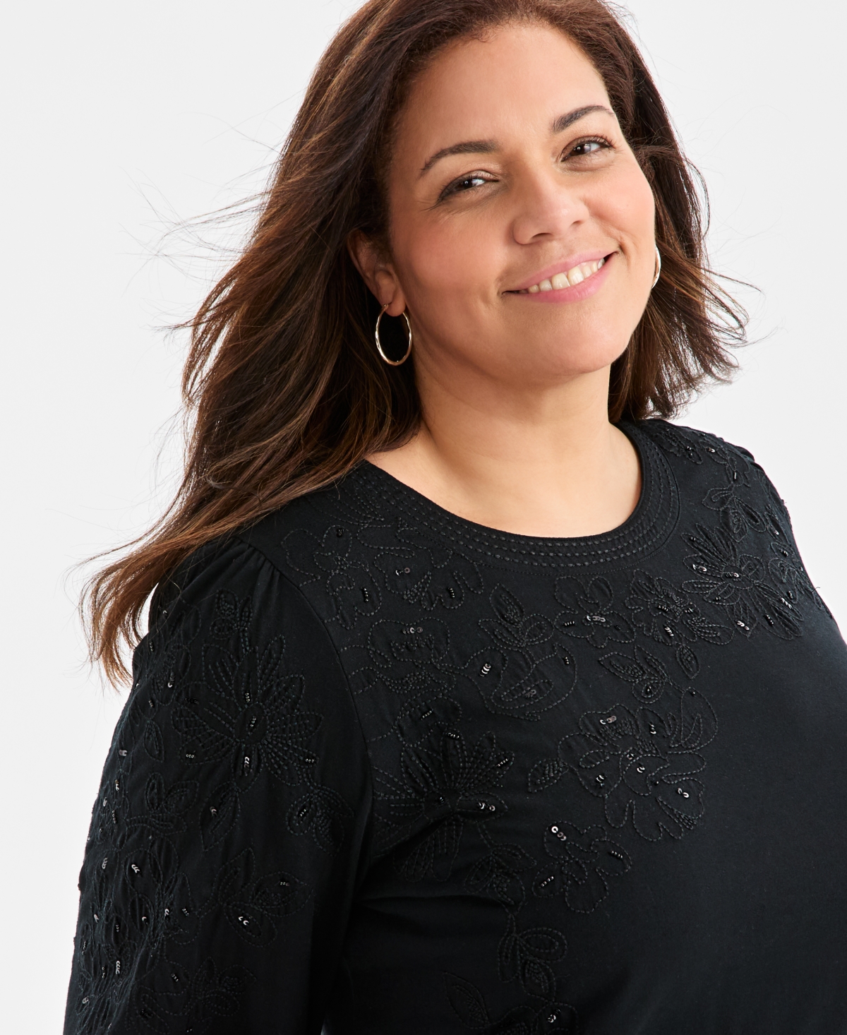 Style & Co Plus Size Embellished Floral Crewneck Top, Macy's Exclusive In Black