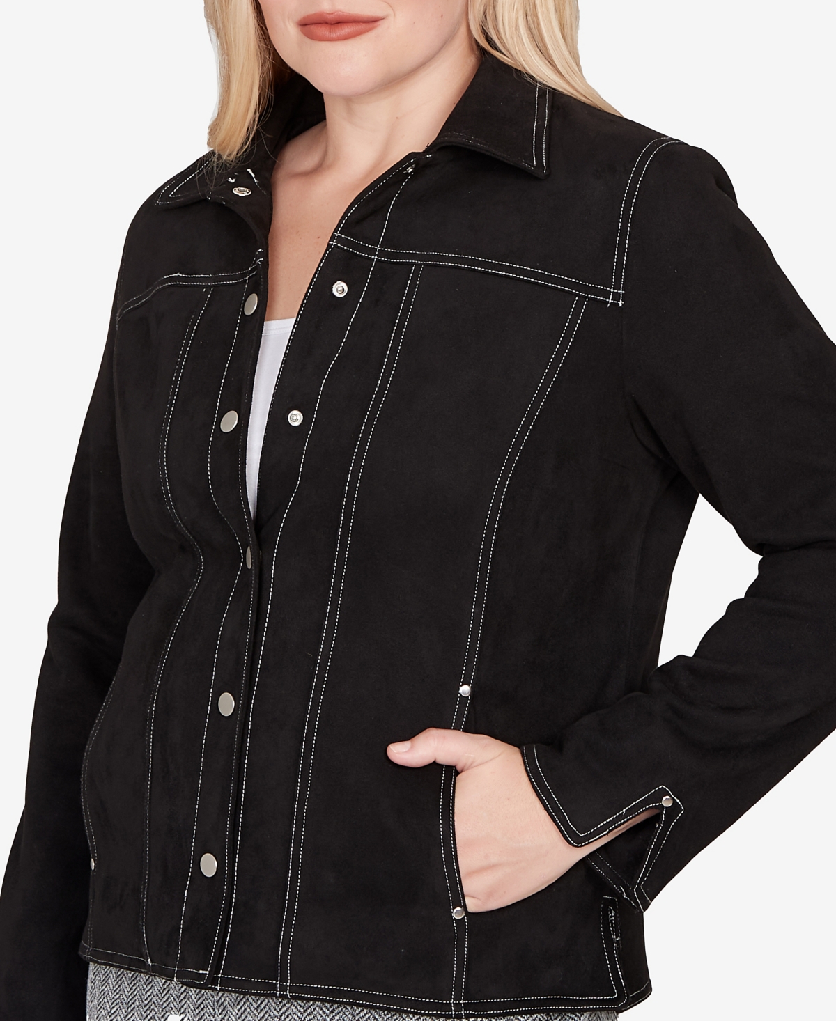 Alfred Dunner Jet Setter Print Lining Faux Suede Jacket In Black