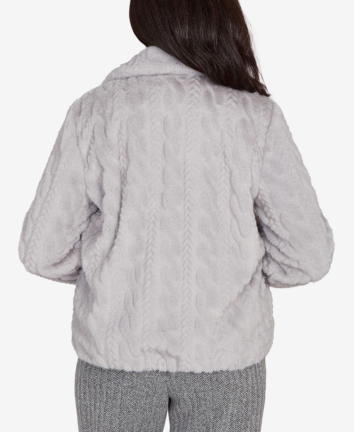 Alfred Dunner Women's Jet Setter Sculpted Faux Fur Zip Up Jacket In Gray