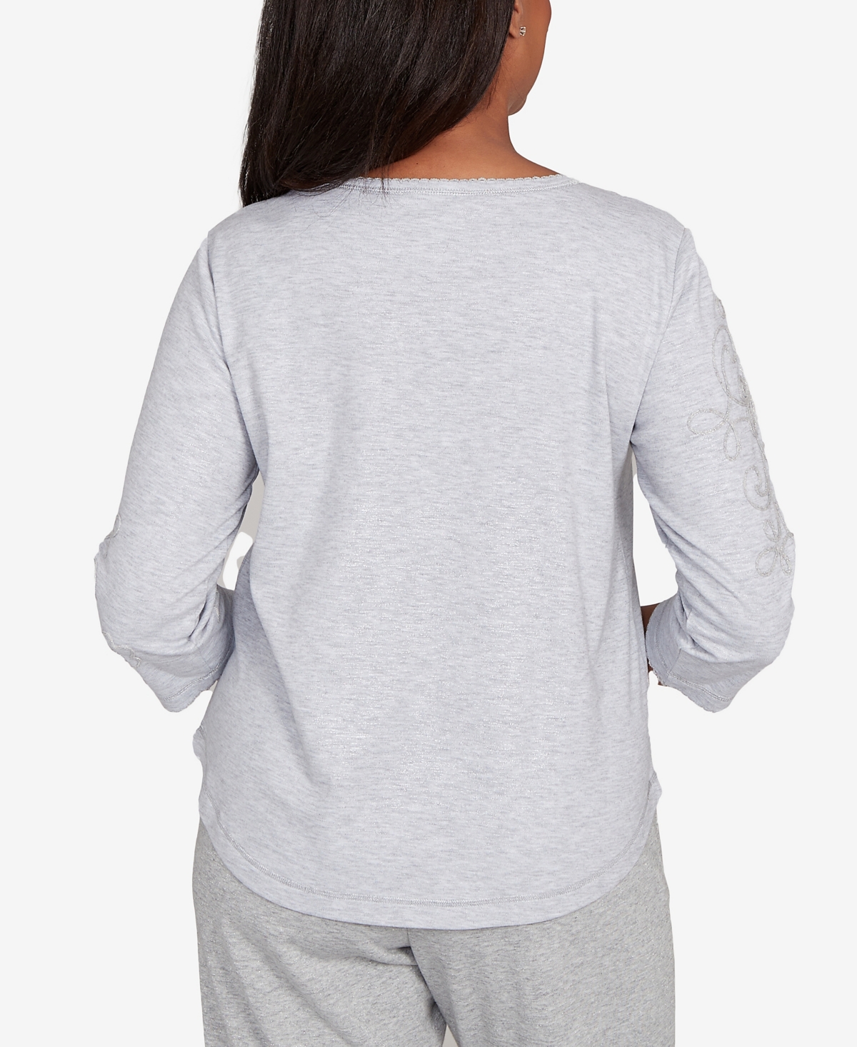 Alfred Dunner Women's Casual Vibe Asymmetrical Floral Embroidered Detail Top In Gray