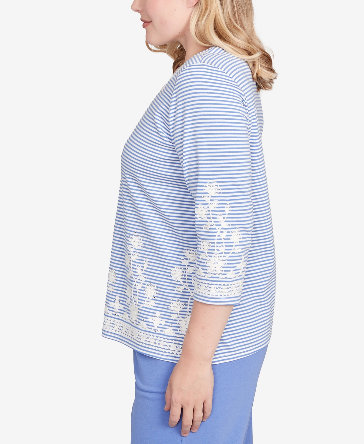 Alfred Dunner Casual Vibe Embellished Striped Crew Neck Top In White