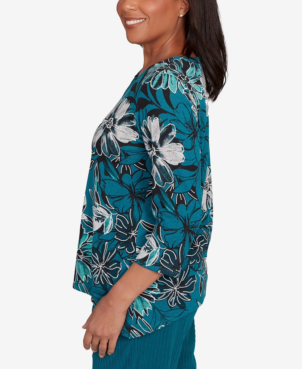 Alfred Dunner Lake Champlain Floral Printed Beaded Neck Top In Multi