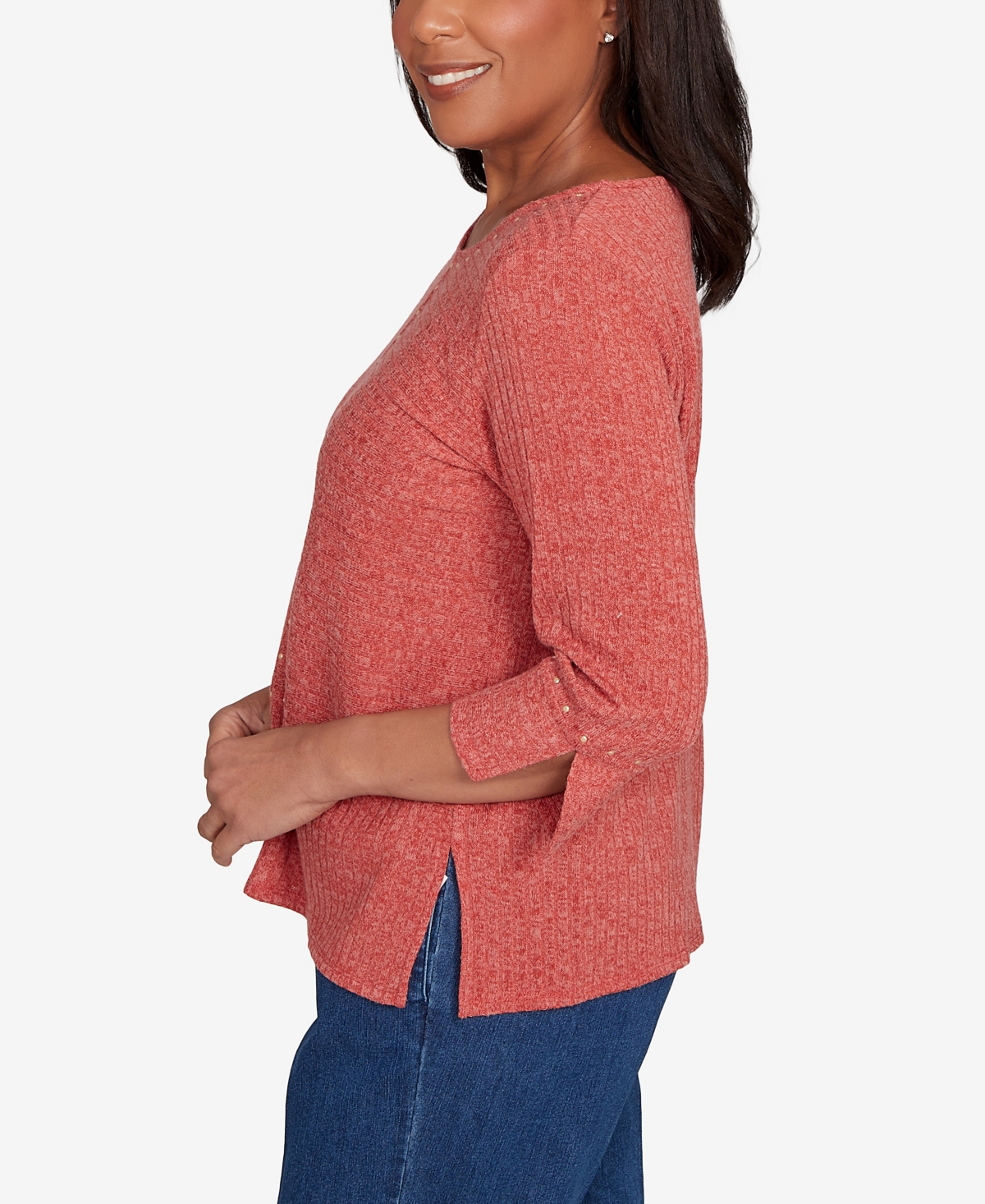 Alfred Dunner Sunset Canyon Embellished Spliced Solid Top In Pink