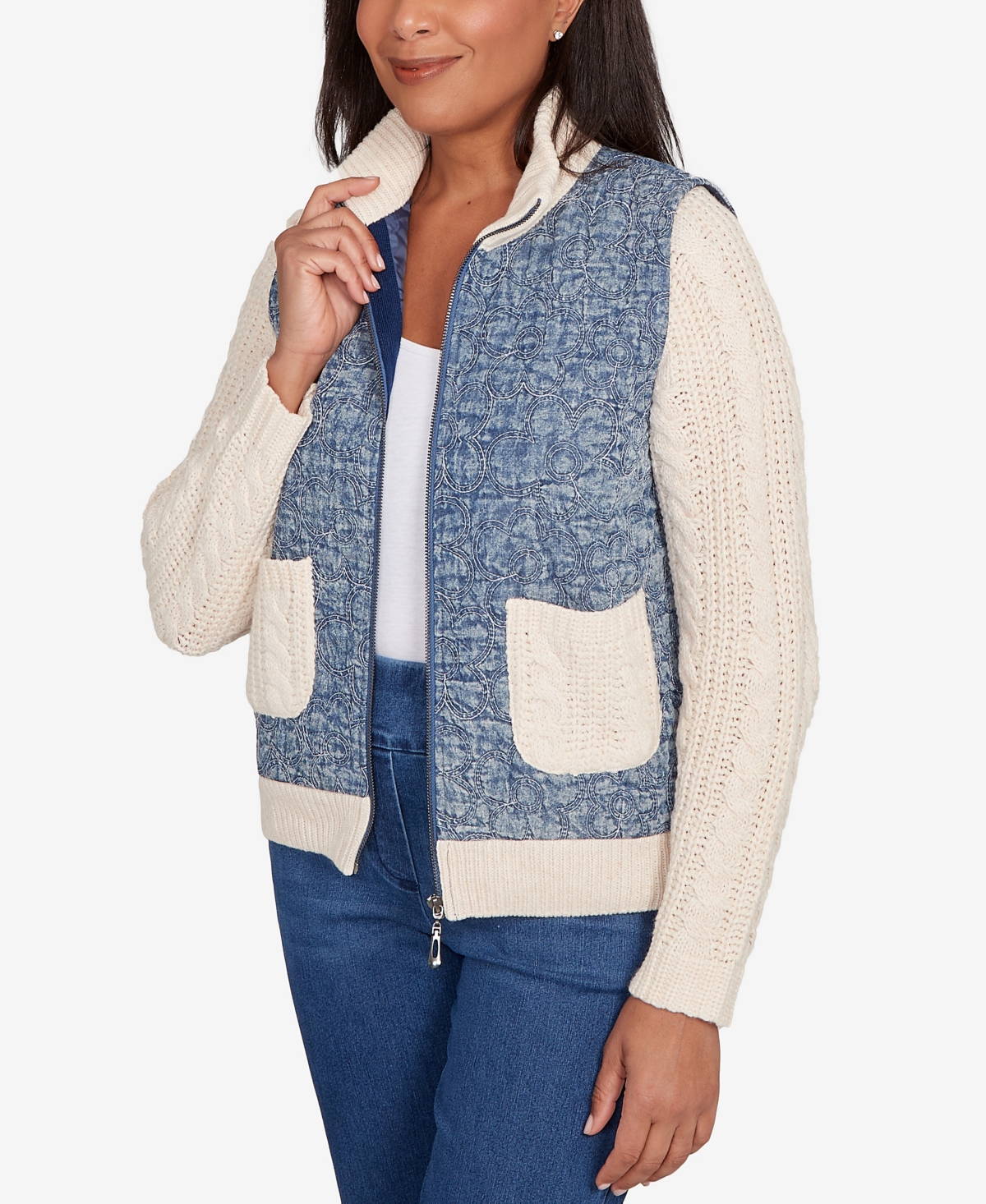 Alfred Dunner Sunset Canyon Sweater Ribbed Quilted Jacket In Blue