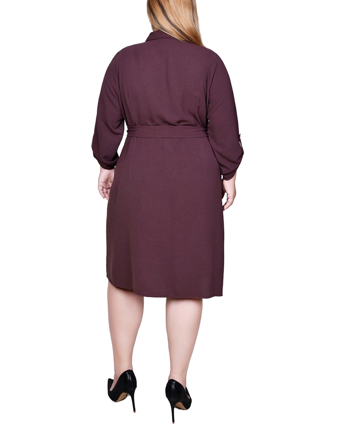 Ny Collection Plus Size Long Roll Tab Sleeve Shirtdress In Burgundy