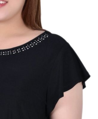 Plus Size Short Flutter Sleeve Top with Studded Neckline