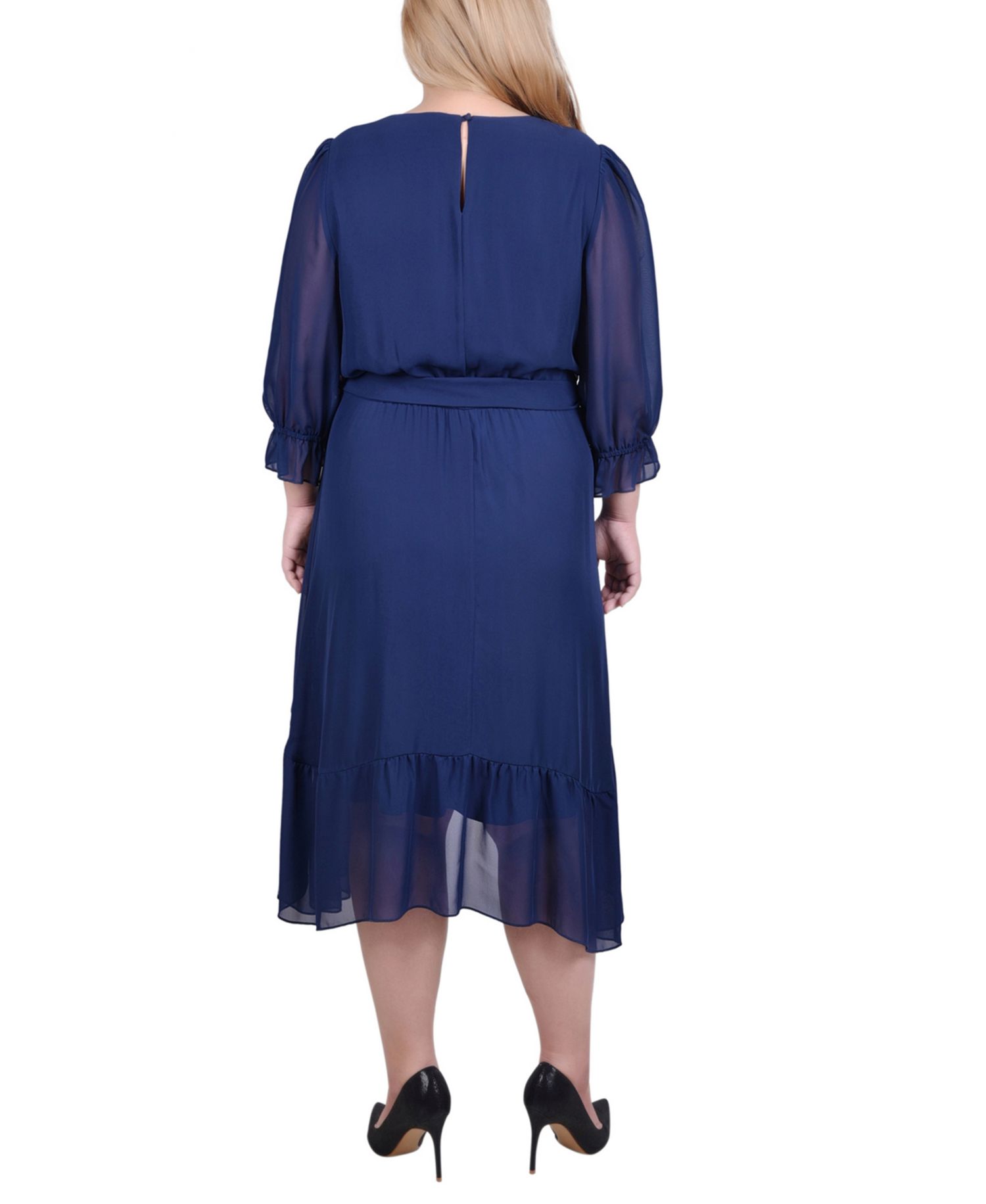 Plus Size 3/4 Sleeve V-Neck Flounced Dress