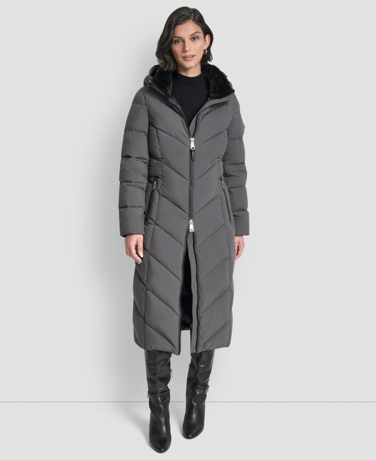 Dkny Women's Hooded Zip Front A-line Maxi Puffer Coat In Gray