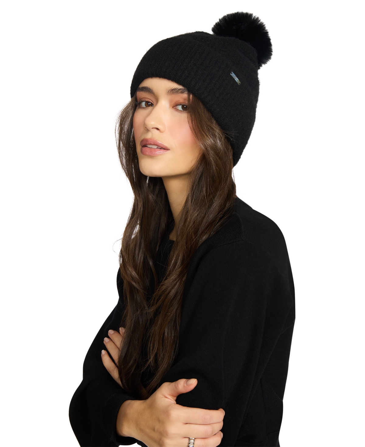 Steve Madden Women's Caught Brushed Fine Rib Knit Beanie In Black