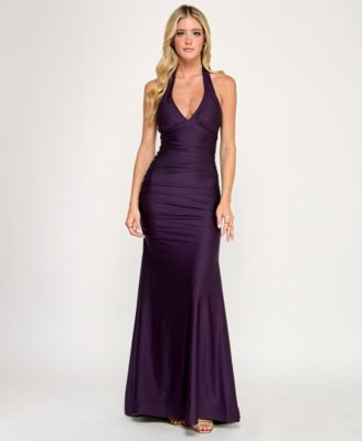 Emerald Sundae - Juniors' Ruched Sleeveless Halter Gown