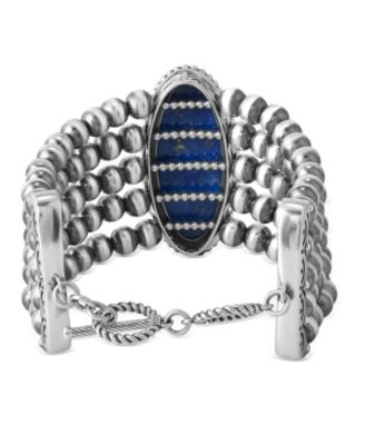 Sterling Silver Oval Denim Lapis Oval Cut Beaded Toggle Bracelet, Size Medium