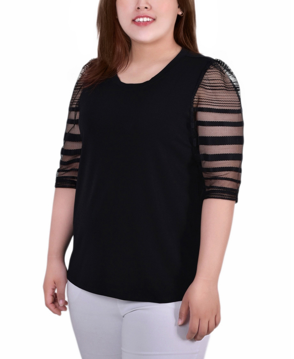 Ny Collection Plus Size 3/4 Shadow Stripe Top In Black