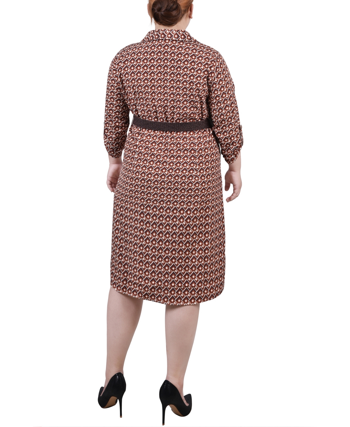 Ny Collection Plus Size 3/4 Roll Tab Sleeve Shirtdress In Brown