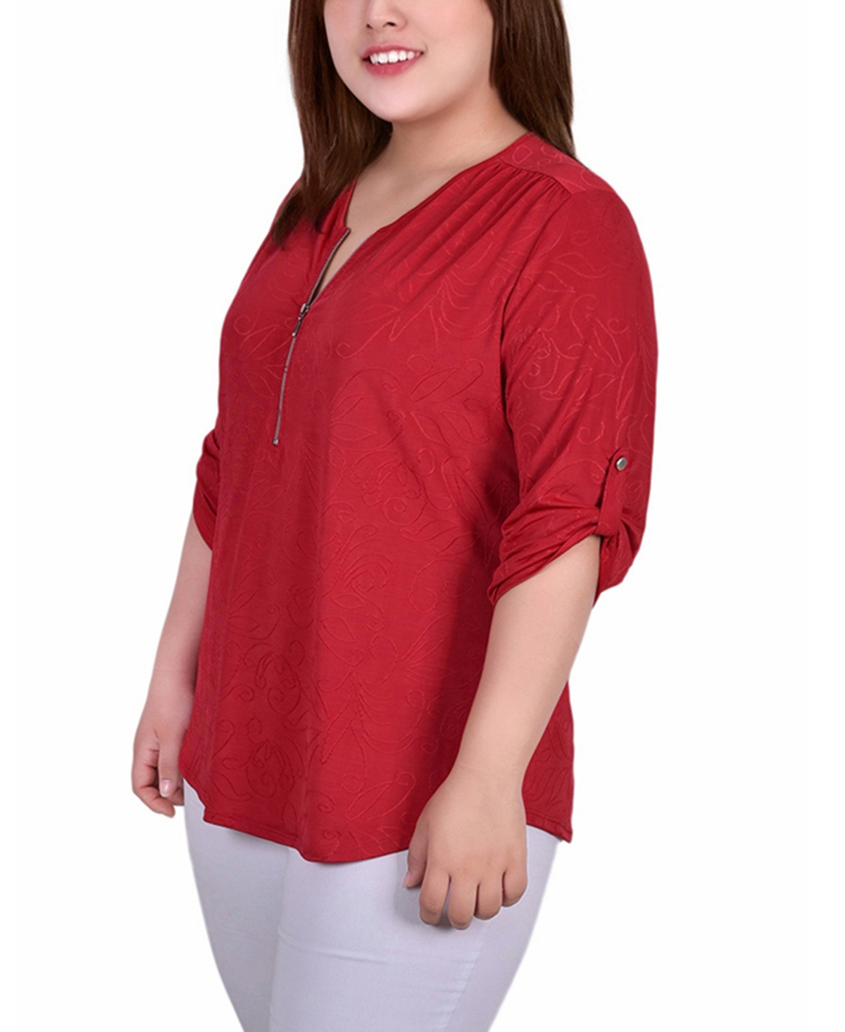 Ny Collection Plus Size 3/4 Roll Tab Zip Front Jacquard Knit Top In Red