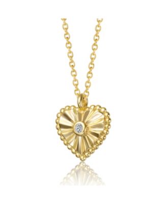 Sterling Silver 14k Gold Plated Cubic Zirconia Textured Heart Pendant Necklace