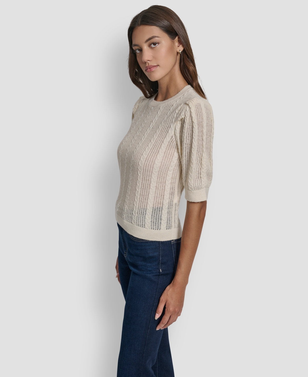 Dkny Jeans Women's Mixed Stitch Puff-sleeve Sweater In Neutral