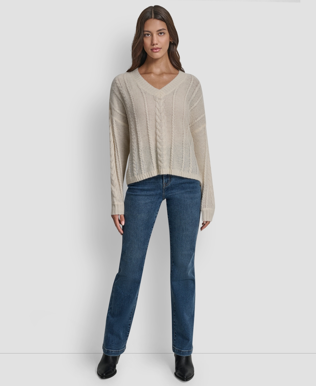 Dkny Jeans Women's V-neck Cable-knit Sweater In Gray