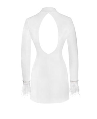 Women Quilla White Feather Crystal Sleeve Backless Blazer Dress