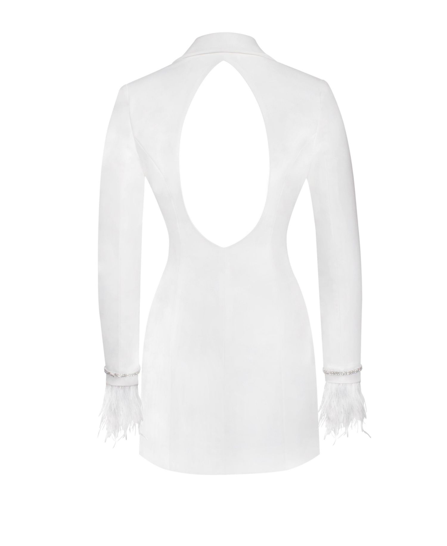 Women Quilla White Feather Crystal Sleeve Backless Blazer Dress