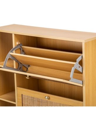 - 2-Drawer Wood and Rattan Shoe Cabinet Exotic Boho Entry