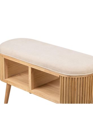 - Beige Velvet and Wood Storage Bench Exotic Boho Entry