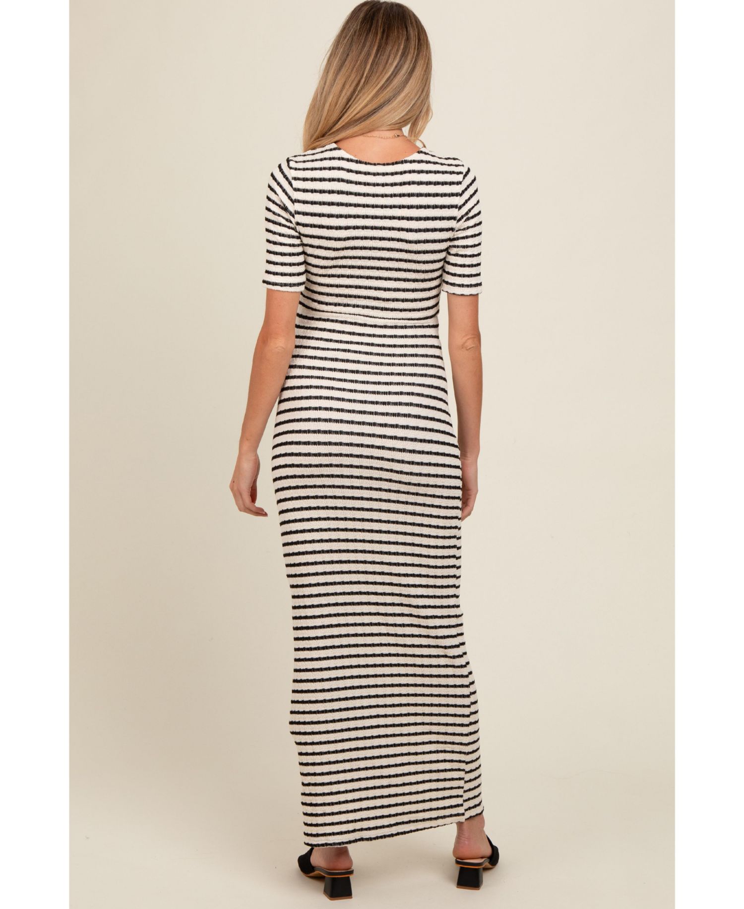 Women's Ivory Black Striped Knit Short Sleeve Maxi Dress