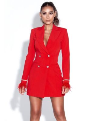 Women Quilla Red Feather Crystal Sleeve Backless Blazer Dress