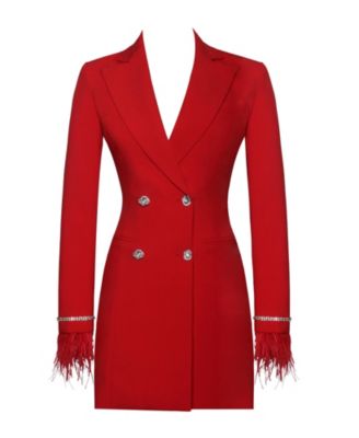 Women Quilla Red Feather Crystal Sleeve Backless Blazer Dress