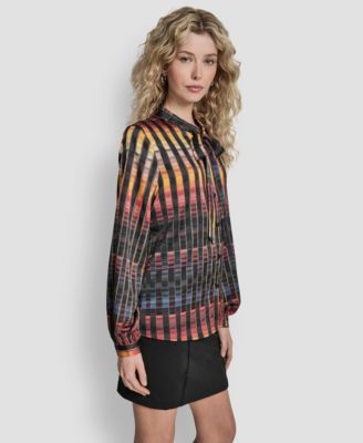 Women's Printed Neck Tie Long Sleeve Top