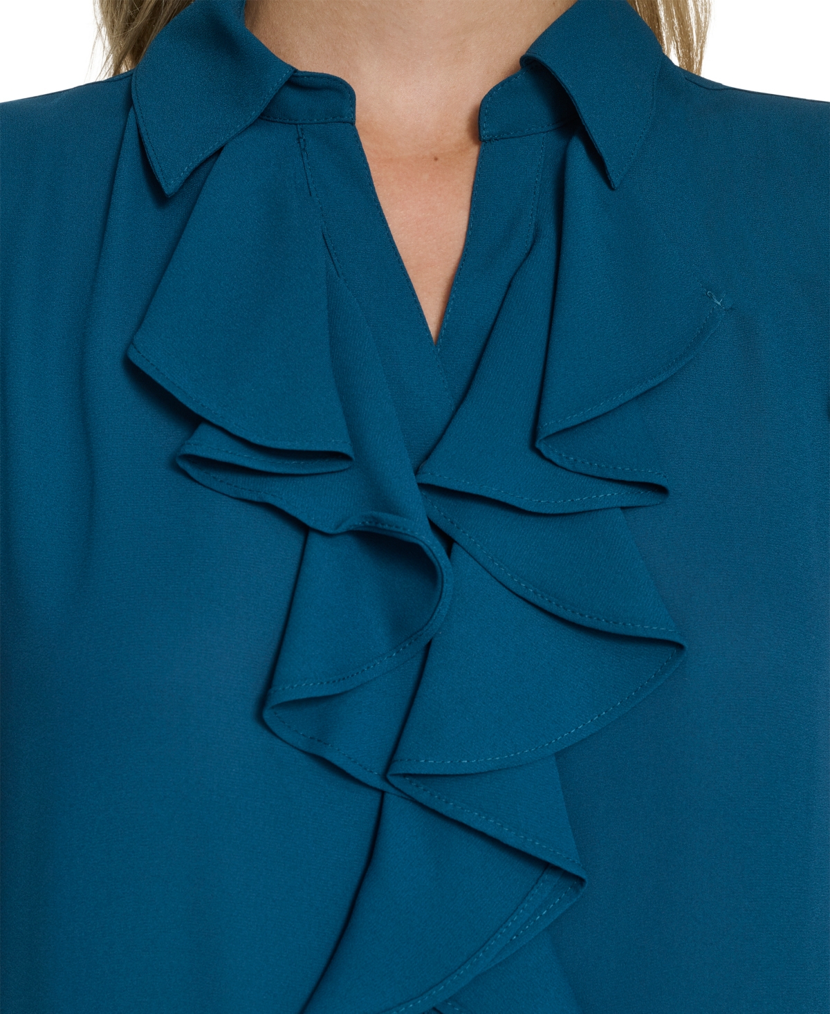 Calvin Klein Cap Sleeve Ruffle Front Button-up Shirt In Green