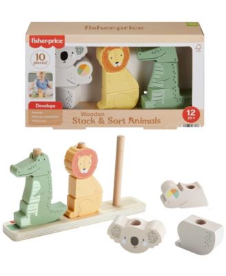 Wooden Stack and Sort Animals Baby and Toddler Toy, 10 Wood Pieces