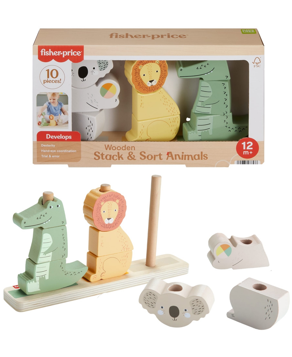 Fisher Price Wooden Stack And Sort Animals Baby And Toddler Toy, 10 Wood Pieces In Neutral