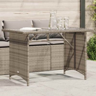 Garden Table Grey PE rattan, powder-coated steel, tempered glass