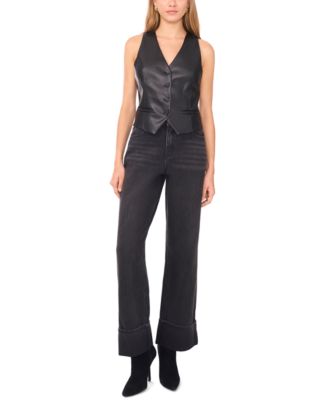 Women's Faux-Leather Button Front Vest