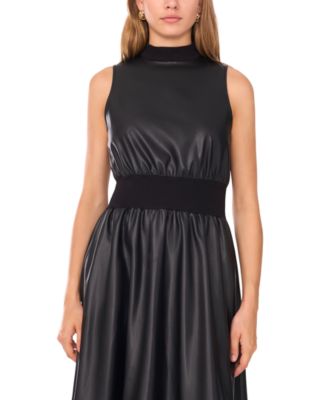 Women's Faux-Leather Mock Neck Midi Dress