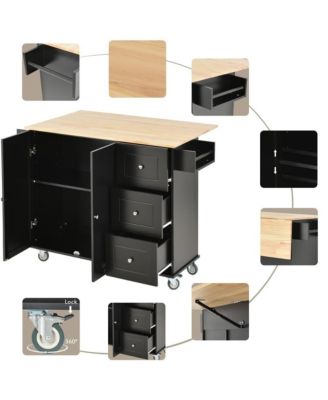 52.7" Rolling Kitchen Island with Drop Leaf, Solid Wood Top, Storage Cabinet & Drawers, Mobile Kitchen Cart