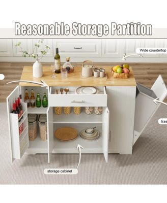 53.2" White Kitchen Island with Drawer, Cabinets, Spice Rack & Hidden Trash Can Storage, Modern Farmhouse Style-