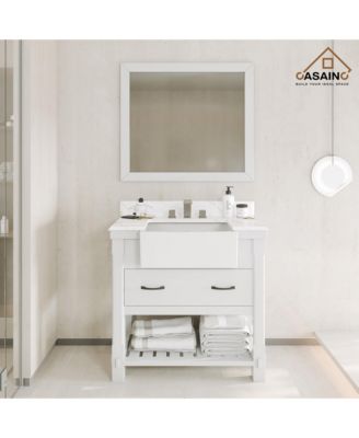 36-Inch Solid Wood Bathroom Vanity with Quartz Bullnose Top and Ceramic Basin