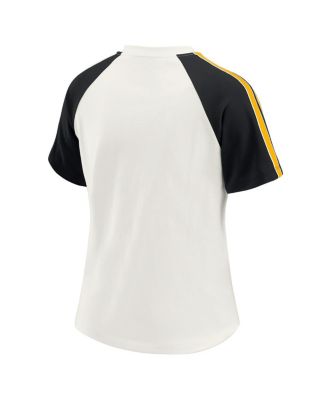 Women's White Pittsburgh Steelers Sleeve Stripe Distressed Raglan T-Shirt