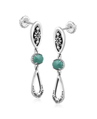 Sterling Silver Green Turquoise Teardrop Double Loop Gemstone Earrings